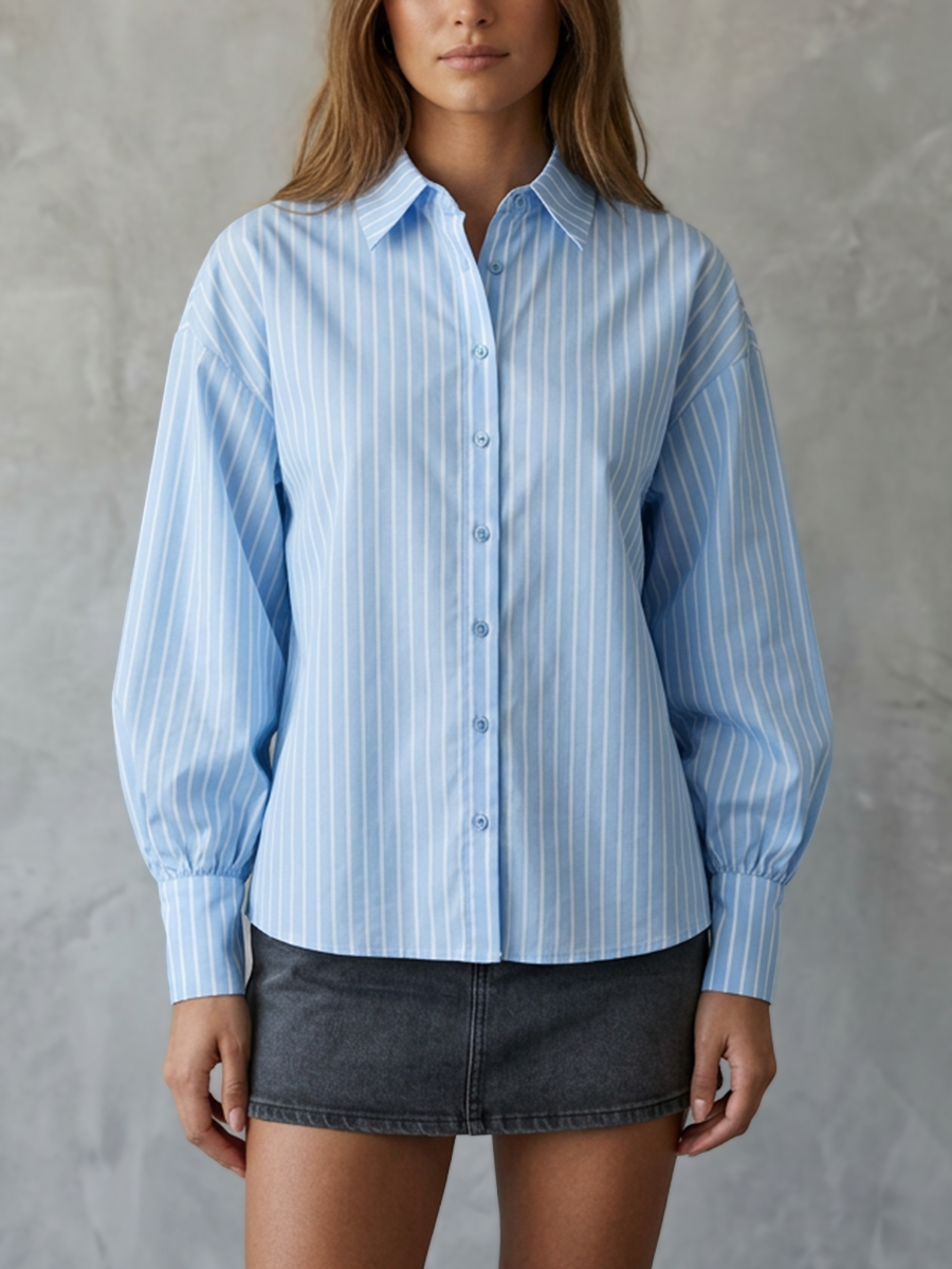 Long Sleeves Puff Sleeves Buttoned Contrast Color Hollow Striped Tied Waist Lapel Blouses&Shirts Tops