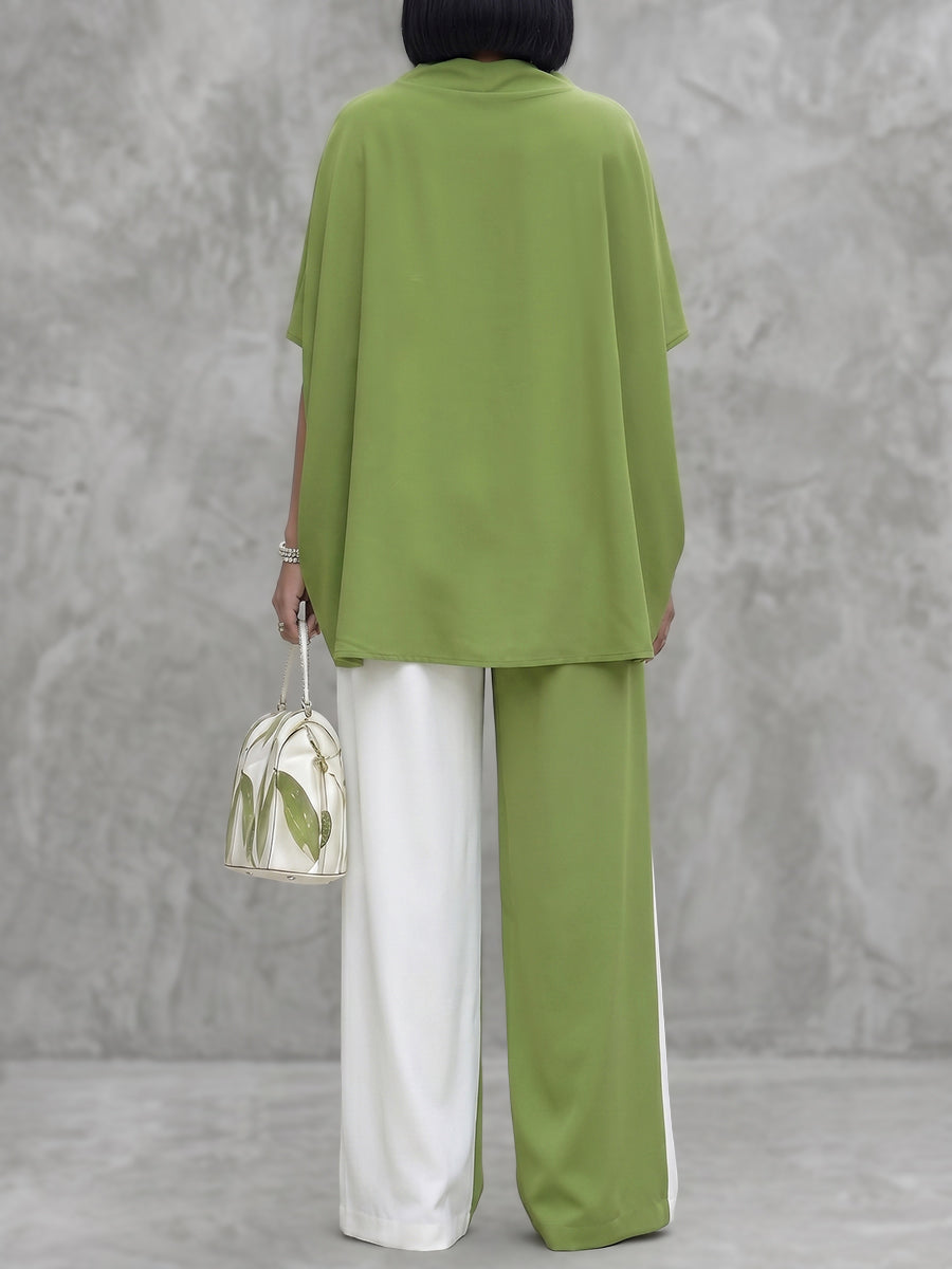 High Waisted Wide Leg Contrast Color Pockets Casual Pants Bottoms Trousers