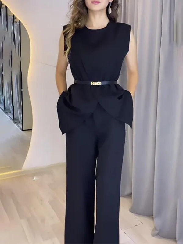 Loose Sleeveless Split-Front Split-Joint Round-Neck Vest Top