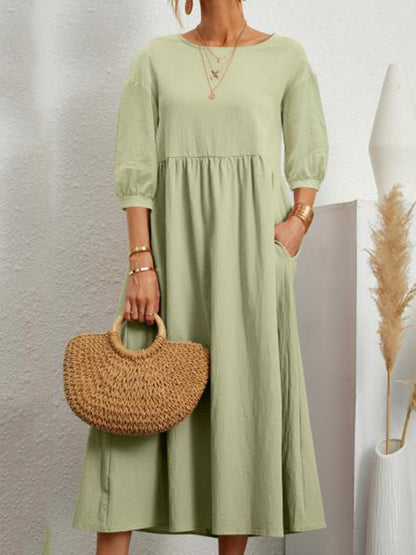 Robe mi-longue unie à col rond et simple, 11 couleurs 