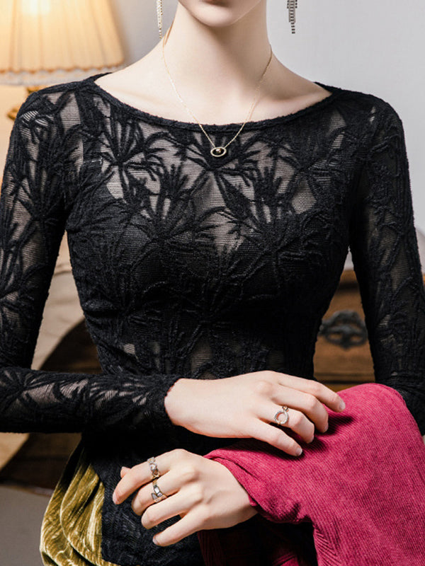 Long Sleeves Plus Size Hollow See-Through Solid Color Split-Side Round-Neck T-Shirts Tops