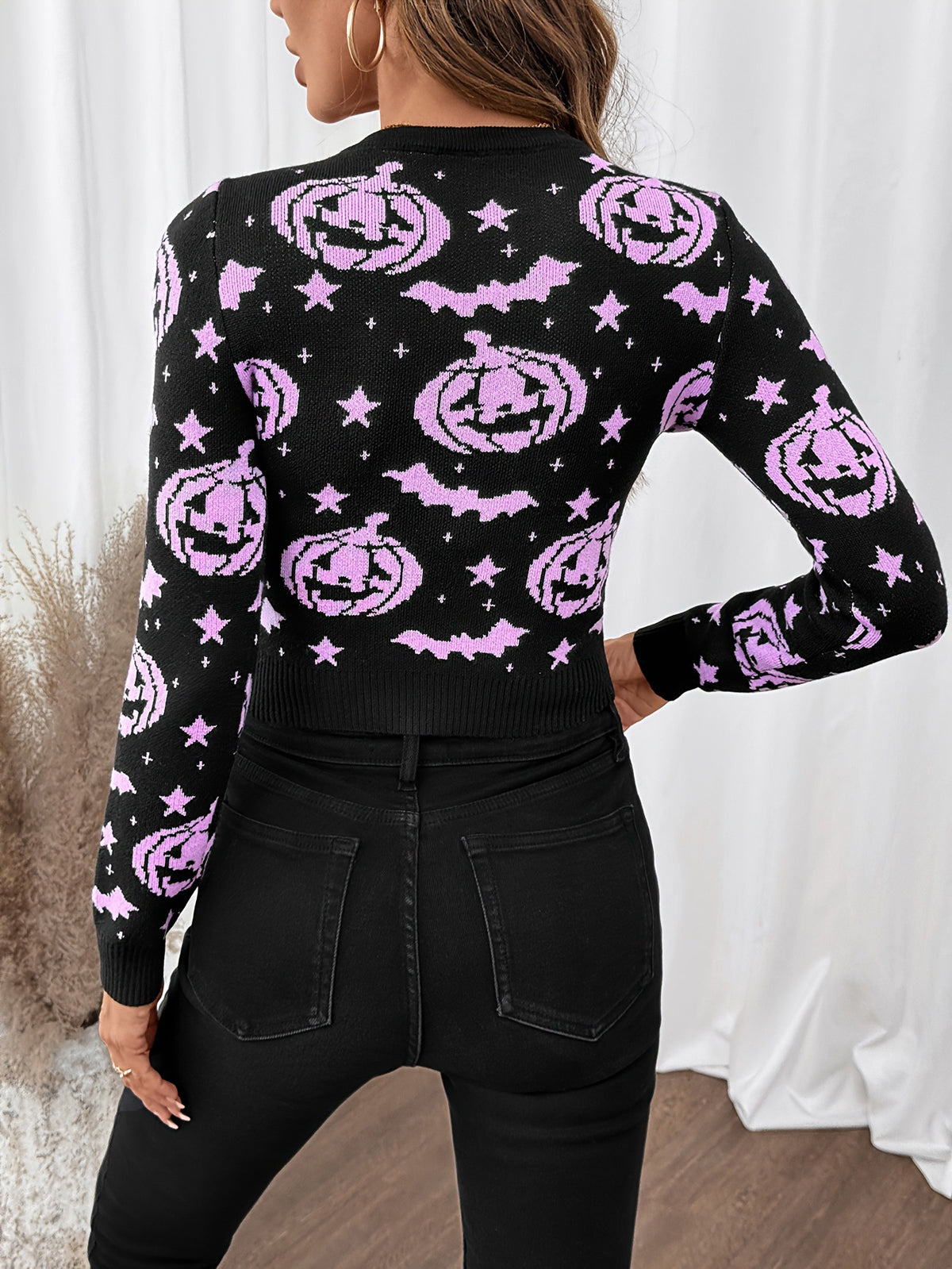 Printed Long Sleeves Round-neck Sweater Tops Pullovers