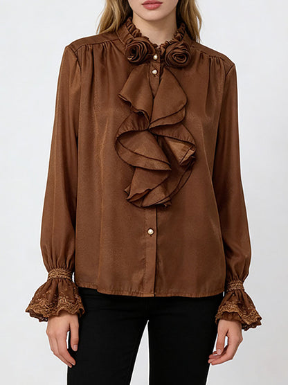 Long Sleeves Ruffle Sleeves Buttoned Pleated Ruffled Solid Color Split-Joint Stand Collar Blouses&Shirts Tops