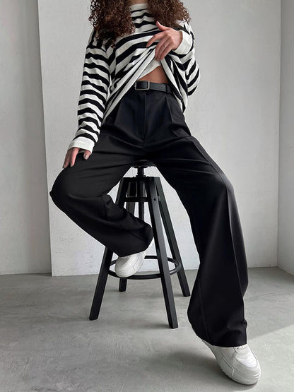 High Waisted Loose No Belt Solid Color Suit Pants Trousers