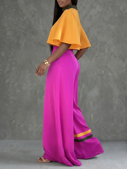 High Waisted Wide Leg Buttoned Contrast Color Pockets Pants Trousers