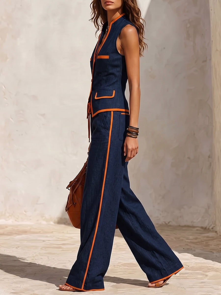 Sleeveless Buttoned Contrast Color Pockets Split-Joint V-Neck Blouses&Shirts Tops