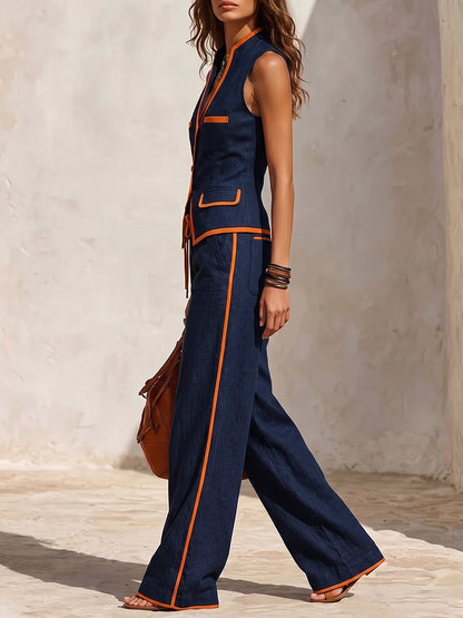 Sleeveless Buttoned Contrast Color Pockets Split-Joint V-Neck Blouses&Shirts Tops