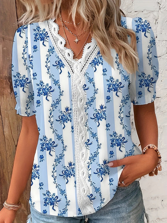 Loose Puff Sleeves Contrast Color Flower Print Hollow Pleated Split-Joint V-Neck Blouses&Shirts Tops