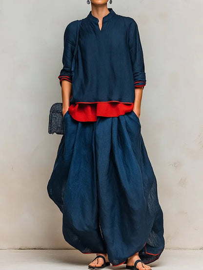 Contrast Color Loose Long Sleeves V-neck Blouses&shirts Tops