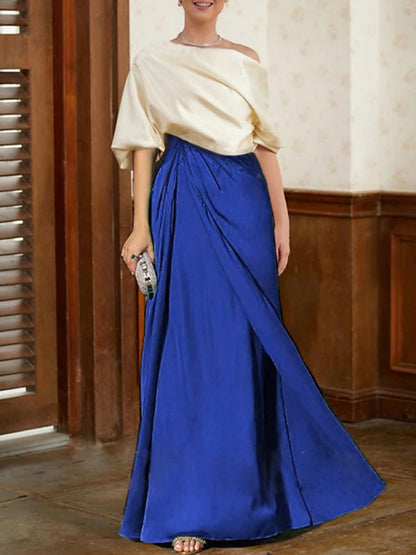 Half Sleeves Loose Asymmetric Contrast Color Pleated Split-Joint One-Shoulder Evening Dresses Maxi Dresses