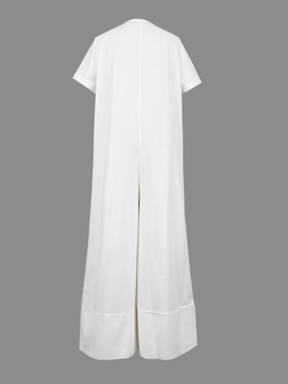 Loose Short Sleeves Buttoned Pockets Solid Color V-Neck Jumpsuits