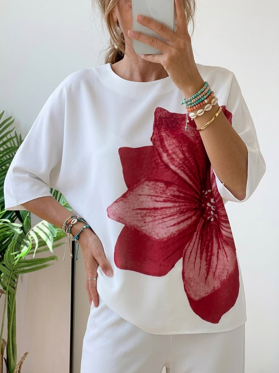 Half Sleeves Loose Flower Print Round-Neck T-Shirts Tops
