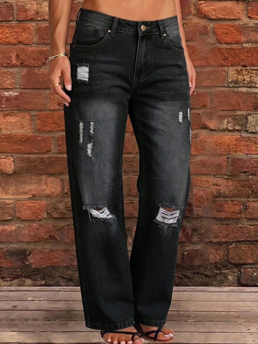 High Waisted Wide Leg Buttoned Hollow Pockets Split-Joint Jean Pants Bottoms