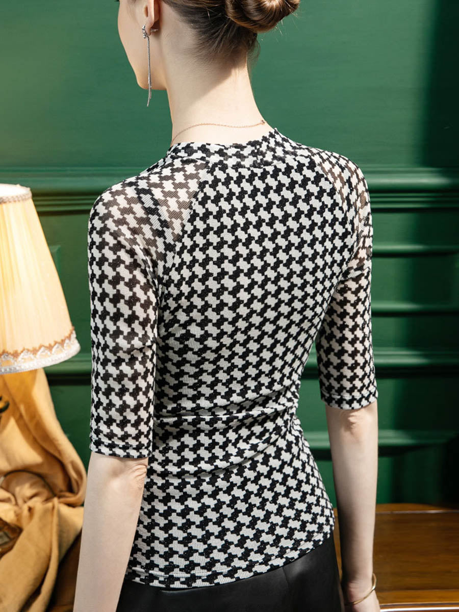 Split-Joint See-Through Houndstooth Elasticity Drawstring Skinny Raglan Sleeve V-neck T-Shirts Tops