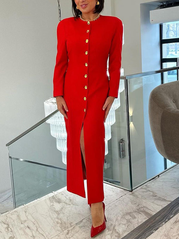 Robe chemise moulante à manches longues et col en V, couleur unie, boutonnée 