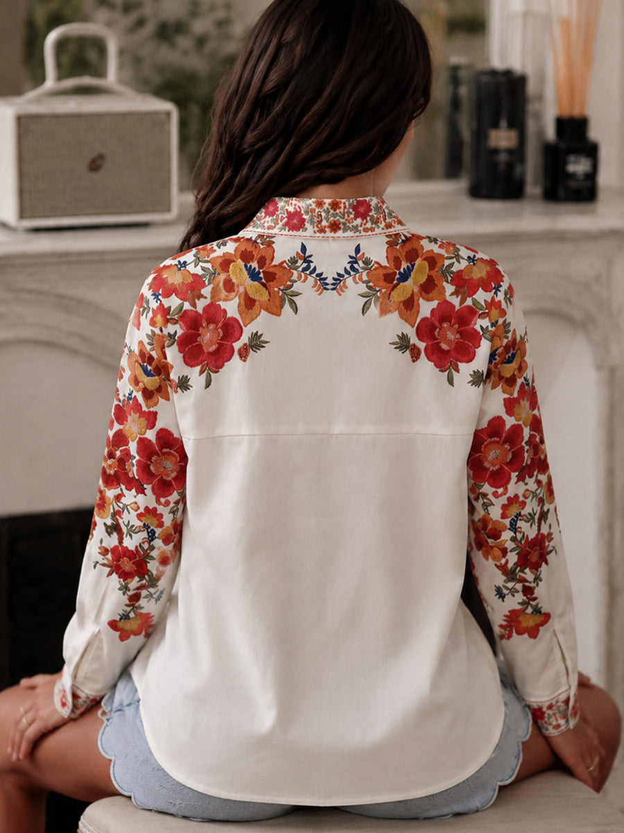 Contrast Color Buttoned  Flower-Embellished Long Sleeves Lapel Blouses&shirts Tops