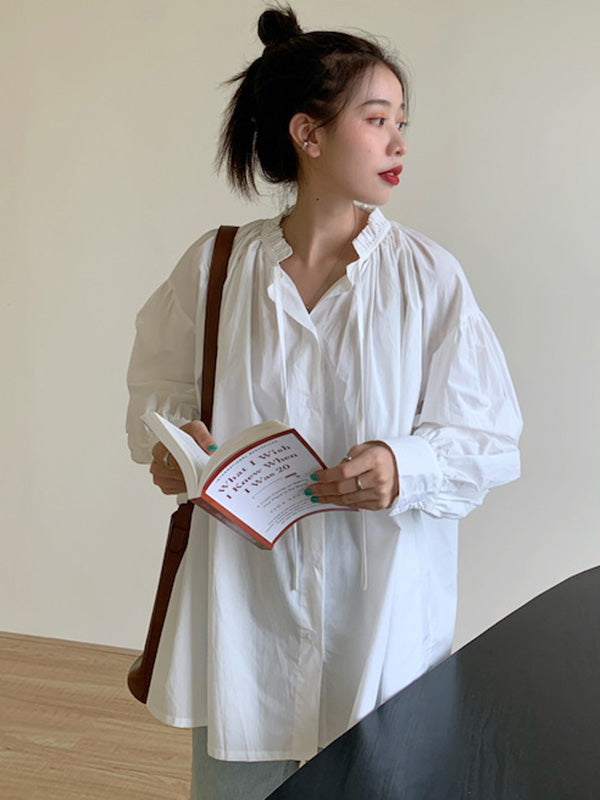 Urban Loose Puffärmel Agaric Laces Falbala Einfarbige Blusen 