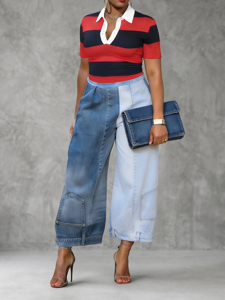 Loose Wide Leg Contrast Color Pockets Jean Pants Bottoms
