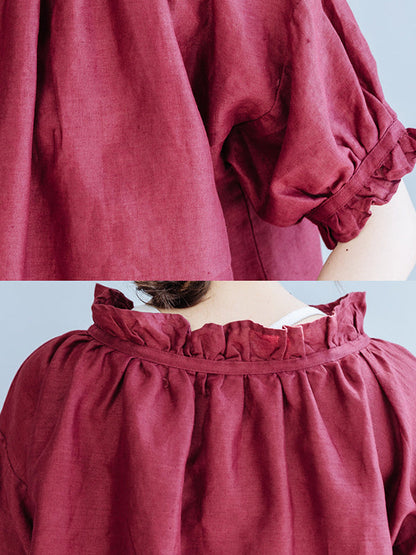 Half Sleeves Loose Ruffled Solid Color Round-Neck T-Shirts Tops