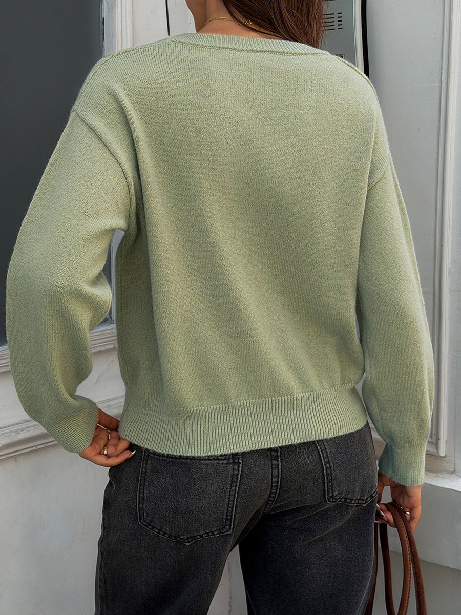 Solid Color Ribbed Loose Long Sleeves V-neck Sweater Pullovers