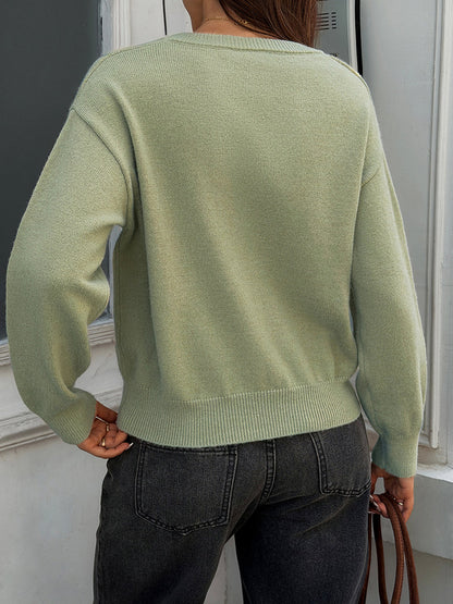 Solid Color Ribbed Loose Long Sleeves V-neck Sweater Pullovers