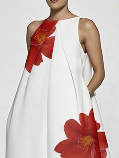 A-Line Sleeveless Asymmetric Floral Printed Split-Joint Round-Neck Maxi Dresses