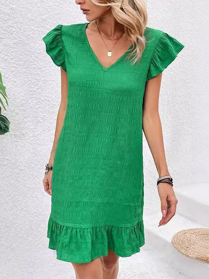 Loose Ruffle Sleeves Pleated Solid Color Split-Joint V-Neck Mini Dresses