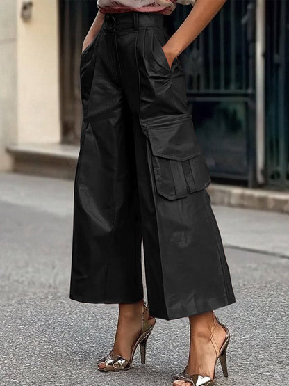 Loose Wide Leg Pleated Pockets Solid Color Split-Joint Pants Trousers