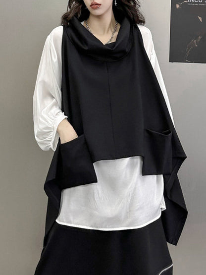 High-Low Irregular Clipping Hooded Solid Color Heaps Collar Vest Top