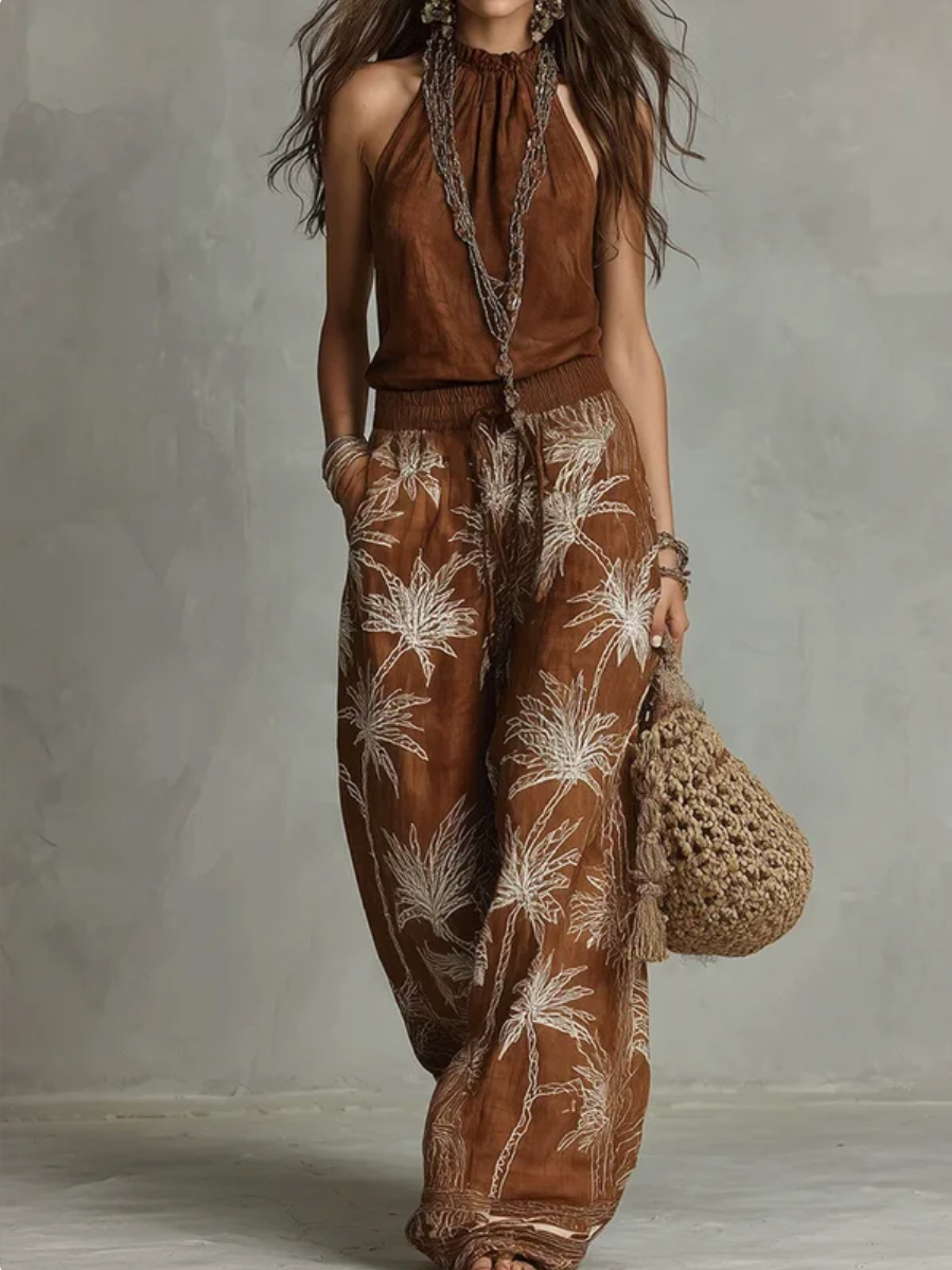 Loose Wide Leg Contrast Color Drawstring Elasticity Pockets Printed Pants Trousers