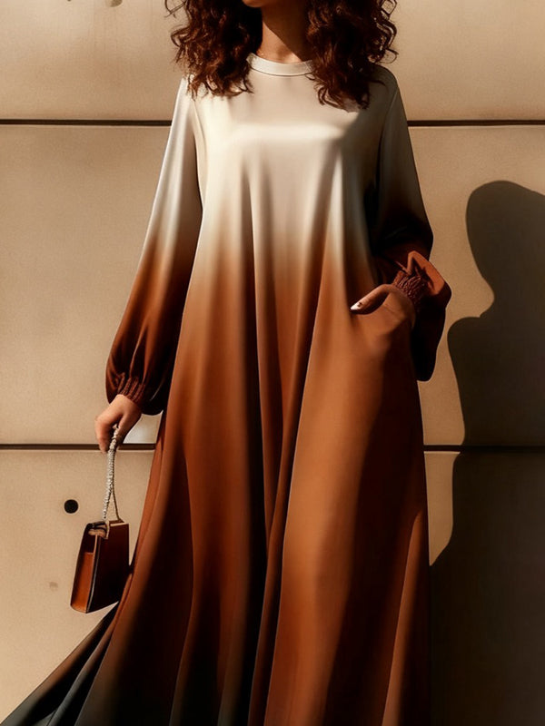 A-Line Long Sleeves Elasticity Gradient Pockets Round-Neck Maxi Dresses