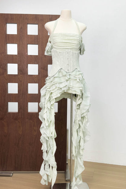 Ivria Halterneck Ruffled Draped Dress