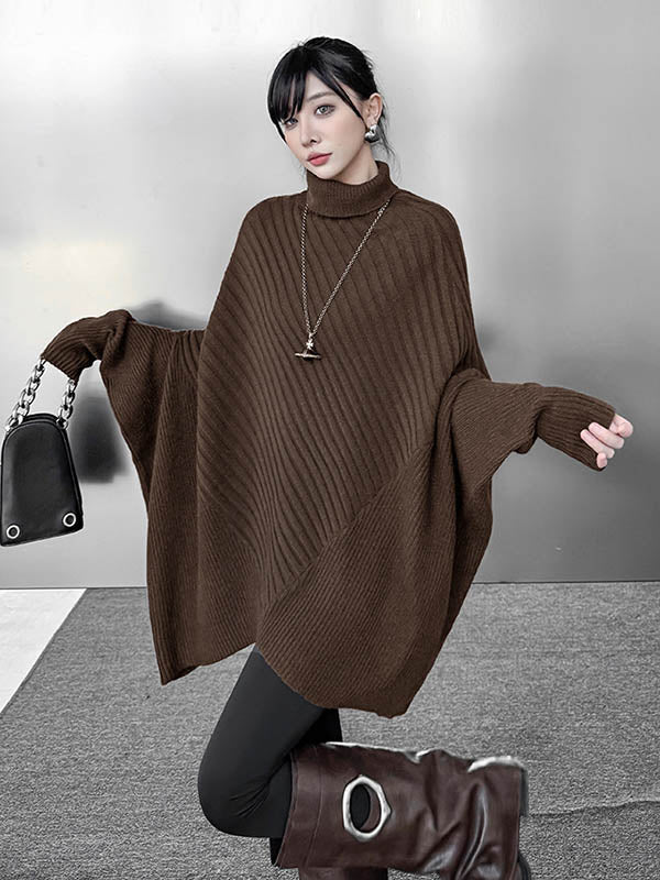 Batwing Sleeves Irregularity Asymmetric Ribbed Knit Solid Color Split-Joint High Neck Sweater Tops
