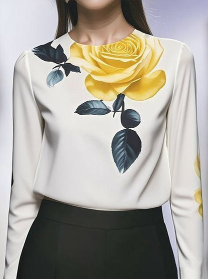 Long Sleeves Loose Flower Print Pleated Round-Neck Blouses&Shirts Tops