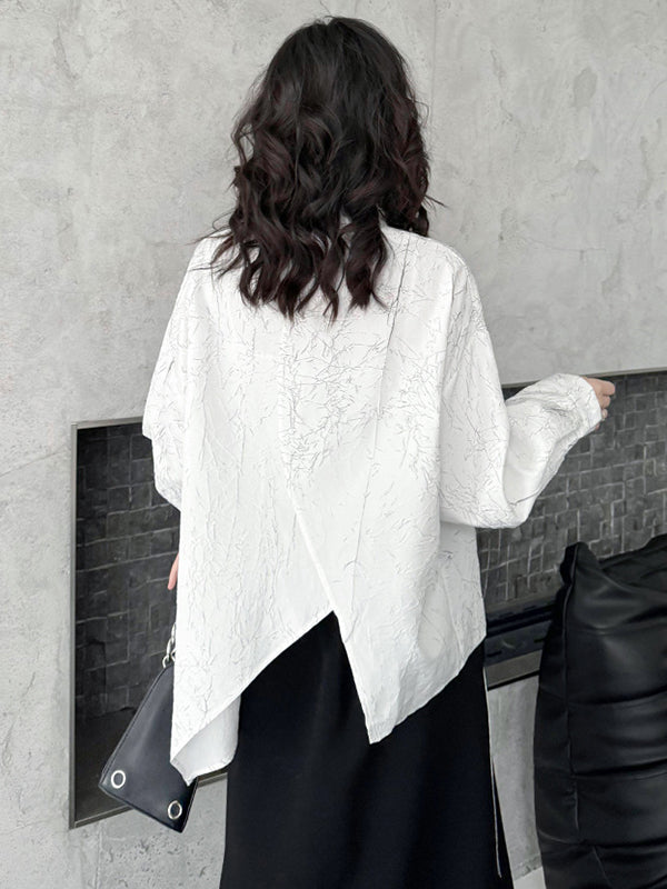 Irregularity Long Sleeves Abstract Printed Asymmetric Buttoned Wrinkled Lapel Blouses&Shirts Tops