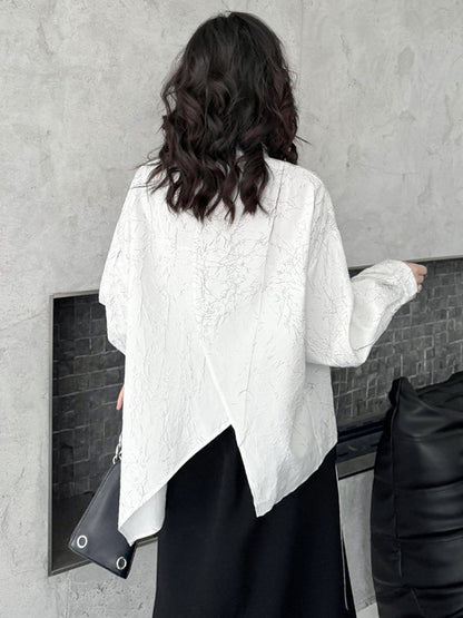 Irregularity Long Sleeves Abstract Printed Asymmetric Buttoned Wrinkled Lapel Blouses&Shirts Tops