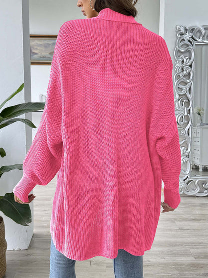 Solid Color Ribbed Loose Long Sleeves Stand Collar Cardigan Tops