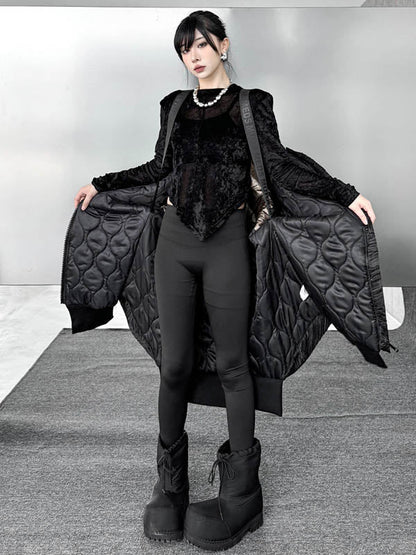 High-Low Irregularity Abstract Printed Contrast Color Split-Joint Zipper Hooded Outerwear Overcoat