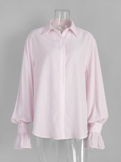 Loose Puff Sleeves Pleated Solid Color Split-Joint Lapel Blouses&Shirts Tops