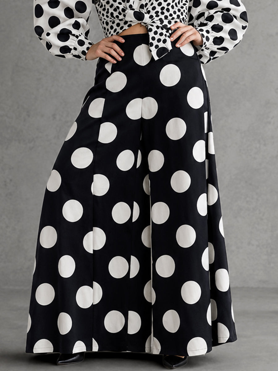 High Waisted Loose Contrast Color Pleated Pockets Polka Dot Split-Joint Pants Trousers