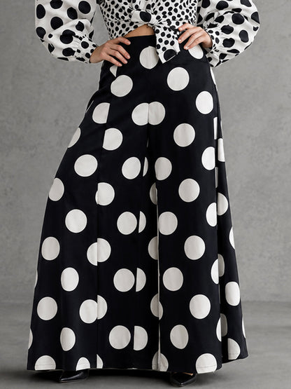 High Waisted Loose Contrast Color Pleated Pockets Polka Dot Split-Joint Pants Trousers