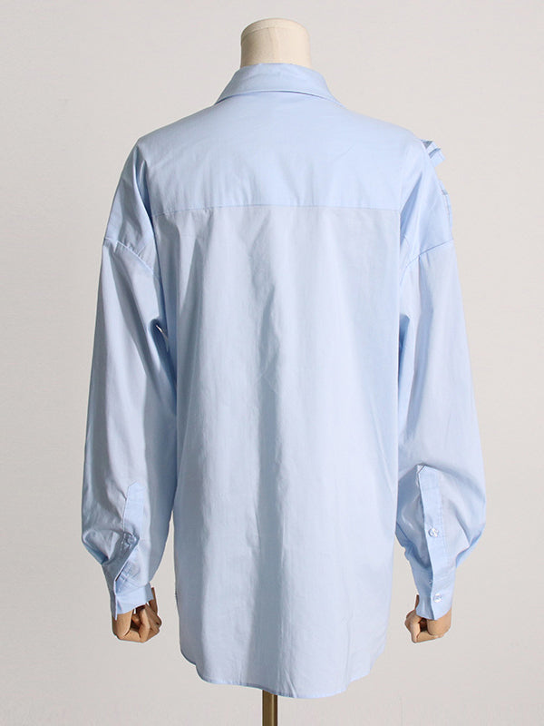 Long Sleeves Loose Asymmetric Buttoned Pleated Solid Color Split-Joint Three-Dimensional Flower Lapel Blouses&Shirts Tops