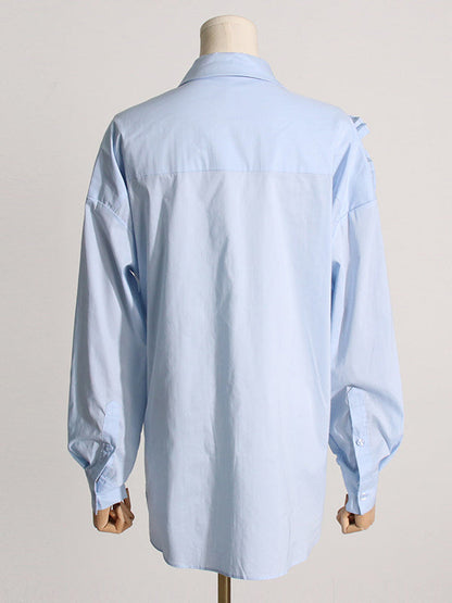 Long Sleeves Loose Asymmetric Buttoned Pleated Solid Color Split-Joint Three-Dimensional Flower Lapel Blouses&Shirts Tops