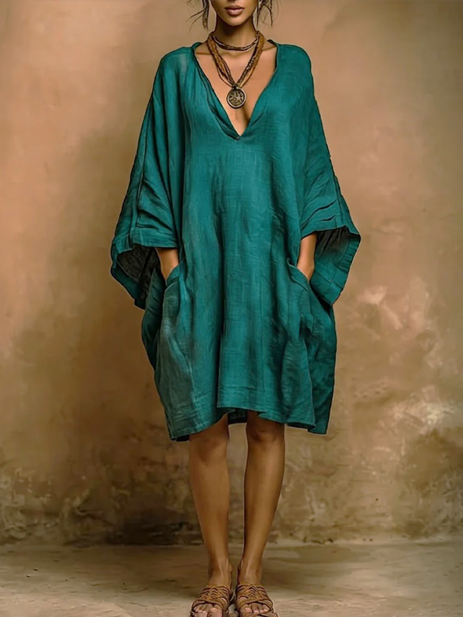 Batwing Sleeves Loose Pockets Solid Color Deep V-Neck Midi Dresses