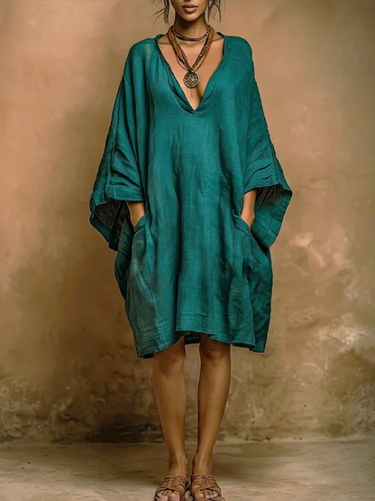 Batwing Sleeves Loose Pockets Solid Color Deep V-Neck Midi Dresses