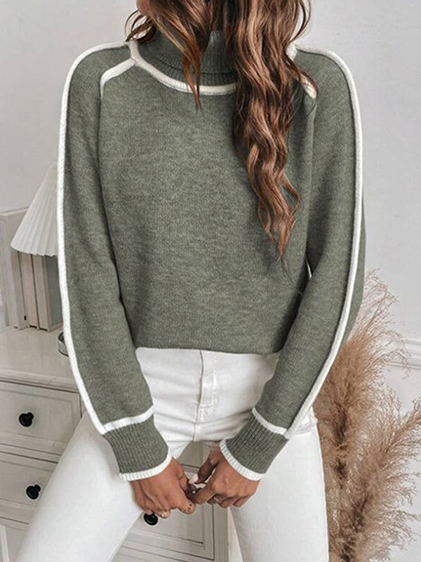 Long Sleeves Loose Contrast Color Split-Joint High Neck Sweater Tops