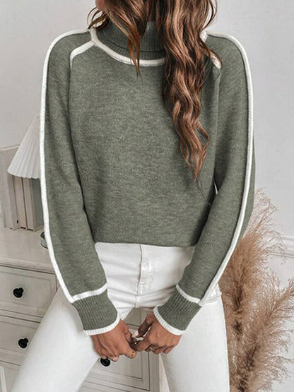 Long Sleeves Loose Contrast Color Split-Joint High Neck Sweater Tops