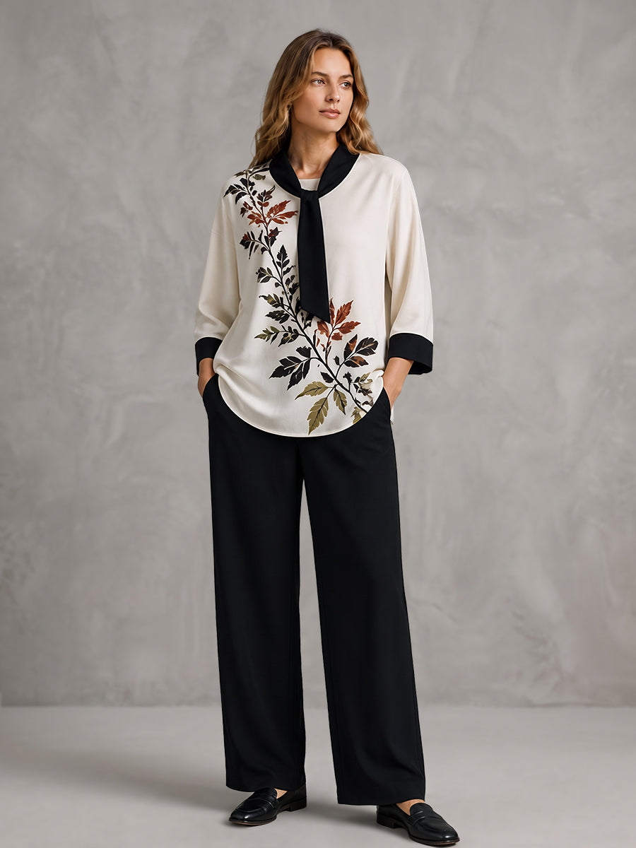 Tied Leaves Print Contrast Color Three-quarter Sleeves Round-neck Blouses&shirts Tops