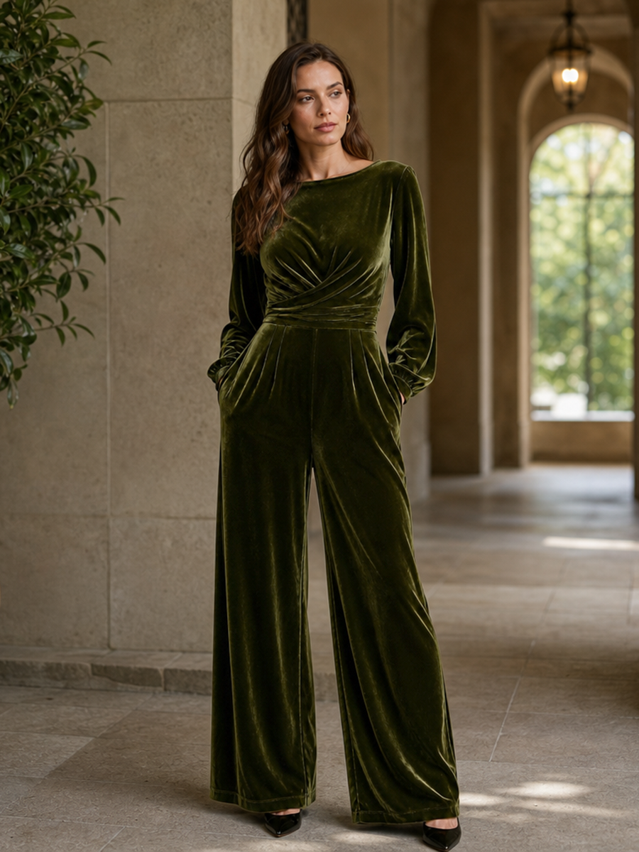 Velvet Solid Color Ruched Pockets Long Sleeves High Waisted Boat Neck Jumpsuits