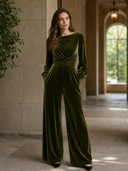 Velvet Solid Color Ruched Pockets Long Sleeves High Waisted Boat Neck Jumpsuits